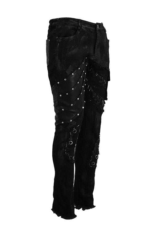 Black Heavy Metal Patchwork Hand Painted Pockets Mens Pants