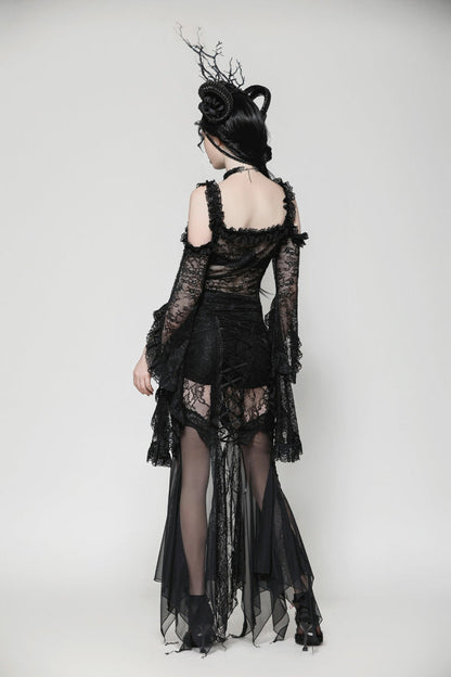 Black Off Shoulder Long Flare Sleeves Lace Women's Gothic Romantic Top