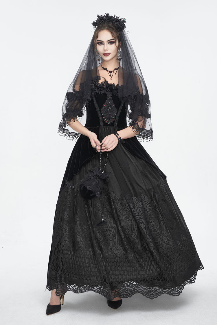 Black Off Shoulder High Waisted Print Lace Women's Gothic Dress