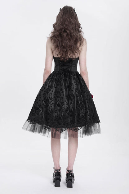 Black Halterneck Skeleton Print Embroidery Stitching Lace Women's Gothic Dress