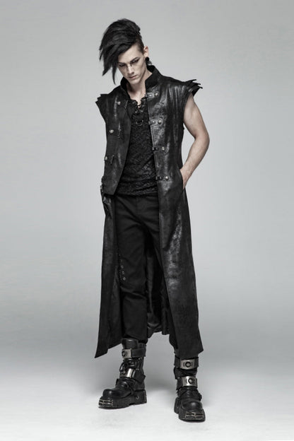 Black Angel's Wings Faux Leather Stand Collar Sleeveless Men's Gothic Vintage Maxi Vest