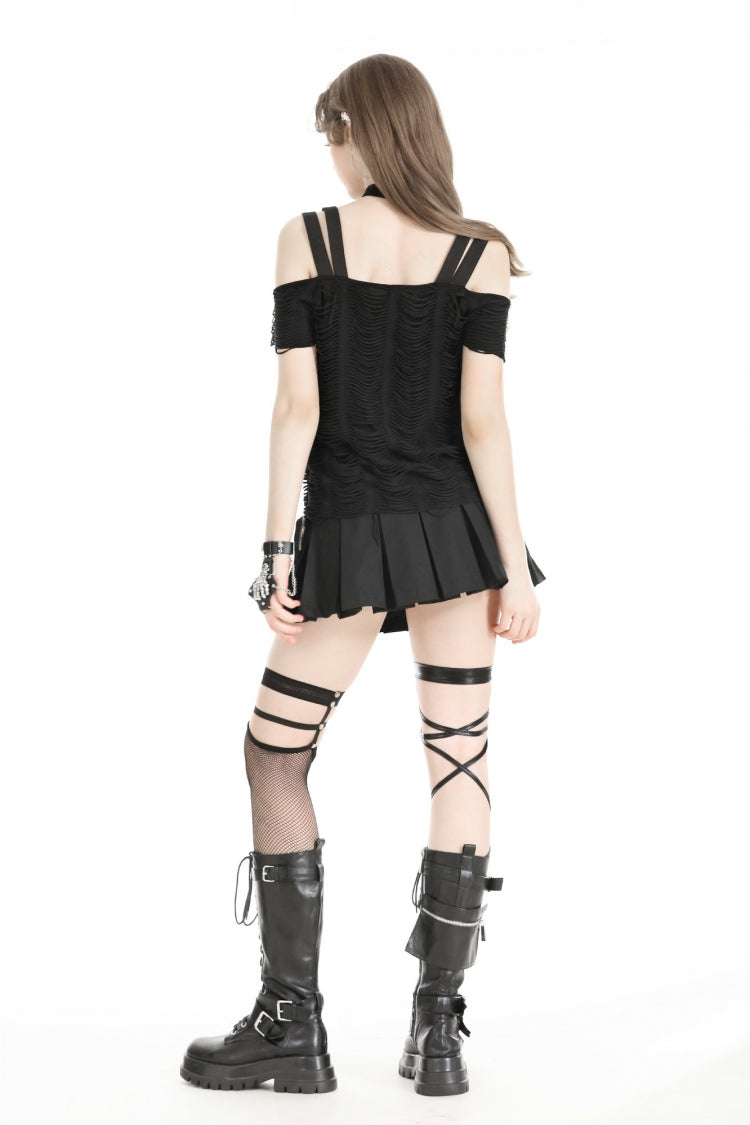 Black Off Shoulder Short Sleeves Ripped Buckled Women's Gothic T-Shirt with Detachable Choker