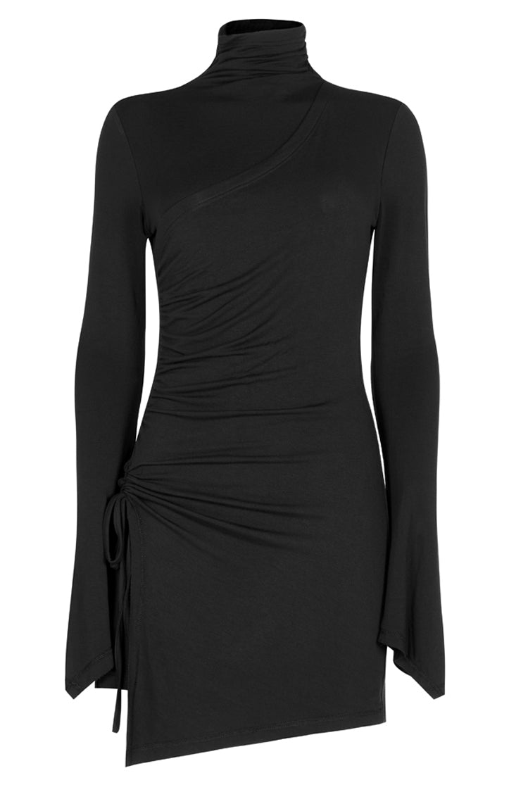 Black Cashmere Knitting Cross Fold Tie Rope Design High Collar Pleated Fit Women's Punk Dress