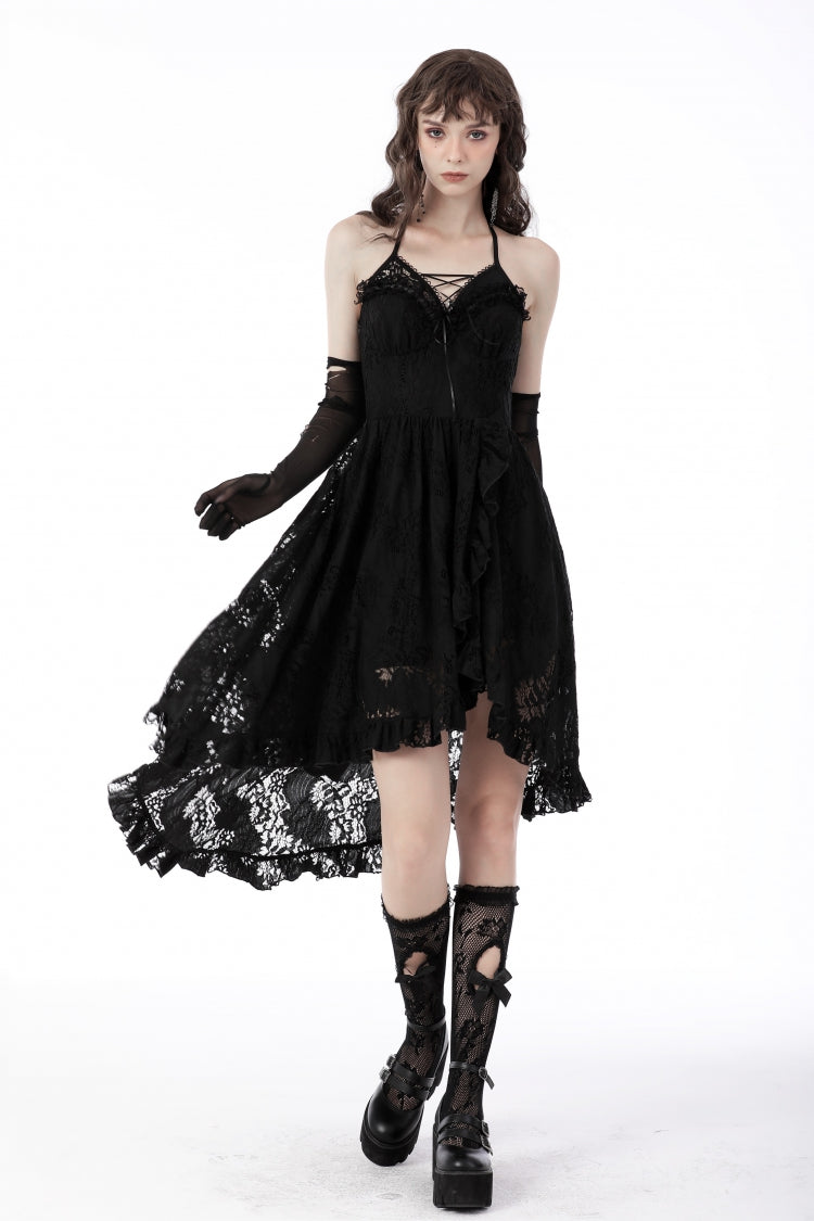 Black Off Shoulder Halterneck Ruffled Lace-Up Swallow Tail Floral Lace Women's Gothic Dress