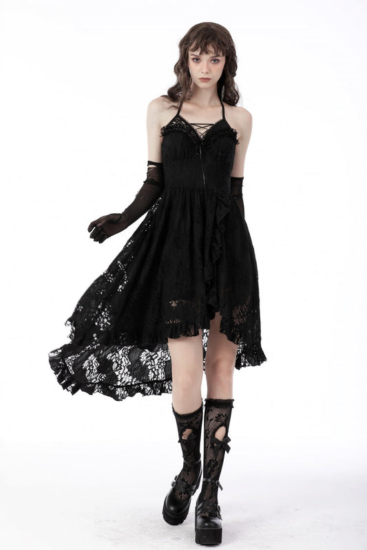 Black Off Shoulder Halterneck Ruffled Lace-Up Swallow Tail Floral Lace Women's Gothic Dress