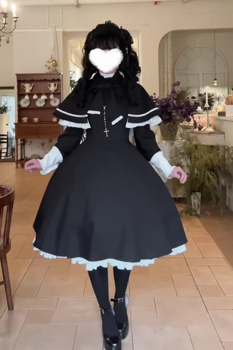 Black Long Sleeves Ruffled Bow Maid Gothic Lolita Dress Cloak Two-piece Set