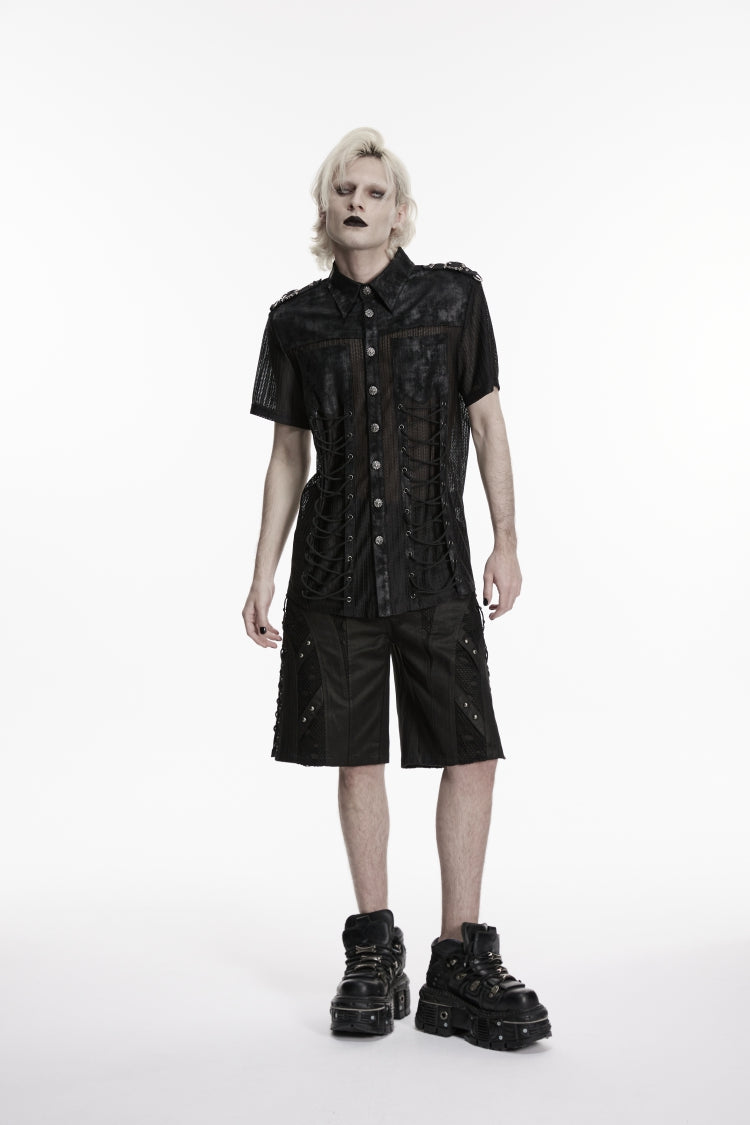 Black Lapel Collar Short Sleeves Spliced Lace-Up Sheer Mesh Eyelet Men's Punk Handsome Shirt