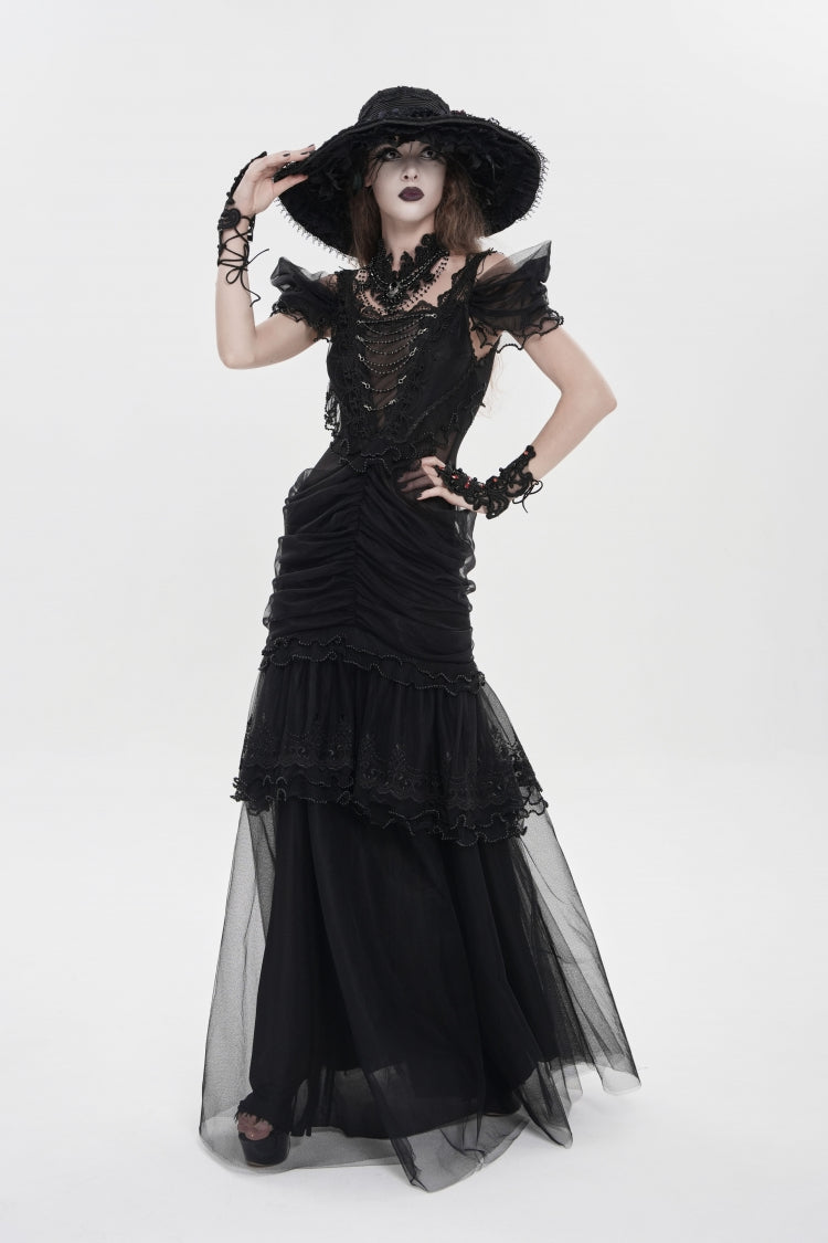 Black Off Shoulder Ruffled Cut-Out Lace Pleated Women's Gothic Dress