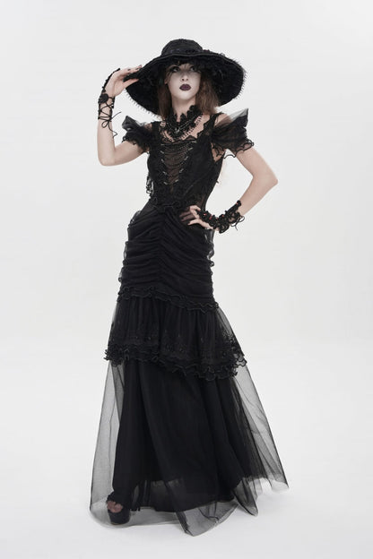 Black Off Shoulder Ruffled Cut-Out Lace Pleated Women's Gothic Dress