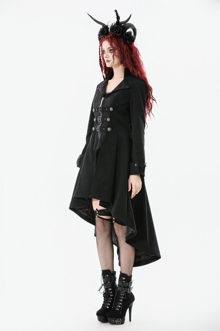 Black Lapel Collar Long Sleeves Lace-Up Irregular Bouble-breasted Buckle-up Women's Gothic Coat