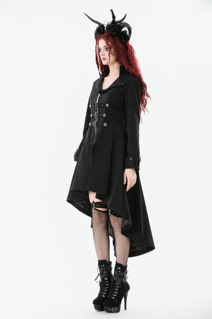 Black Lapel Collar Long Sleeves Lace-Up Irregular Bouble-breasted Buckle-up Women's Gothic Coat
