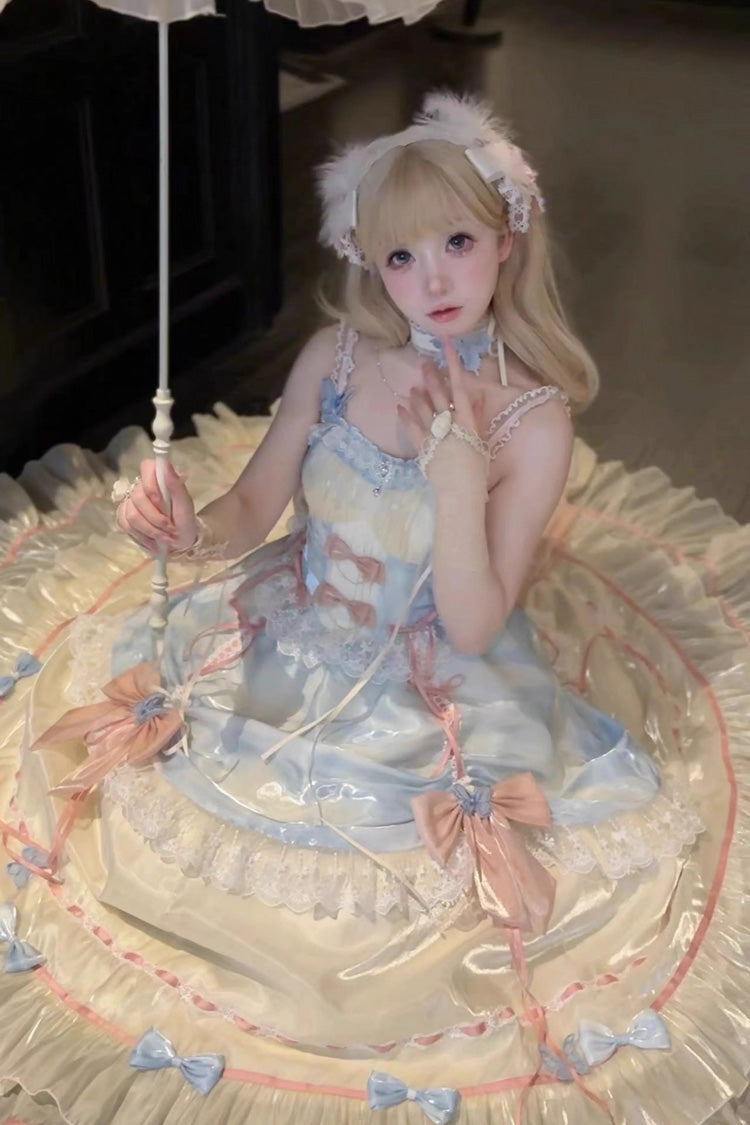 Apricot/Blue/Pink Multi-layer Ruffle Hanayome Bowknot Sweet Princess Gorgeous Long Lolita Jsk Dress
