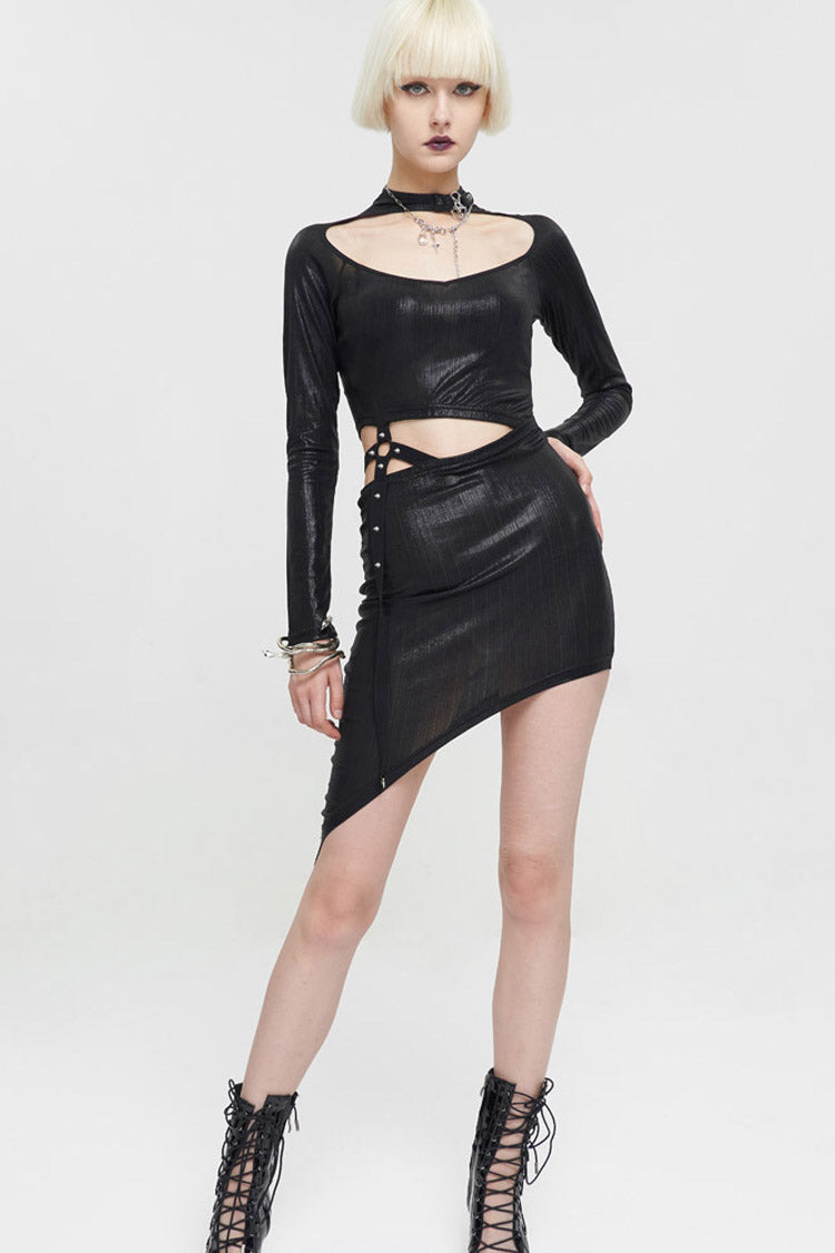 Black Knitted Fine Grain Shine Waist Cutout Rivet Decoration Asymmetric Long Sleeve Women's Gothic Dress