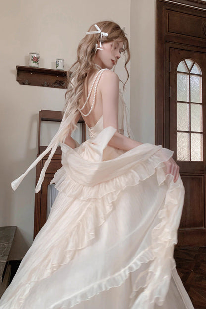 Apricot Halterneck Sleeveless Ruffle Bowknot Lace Sweet Princess Lolita Jsk Long Dress Set