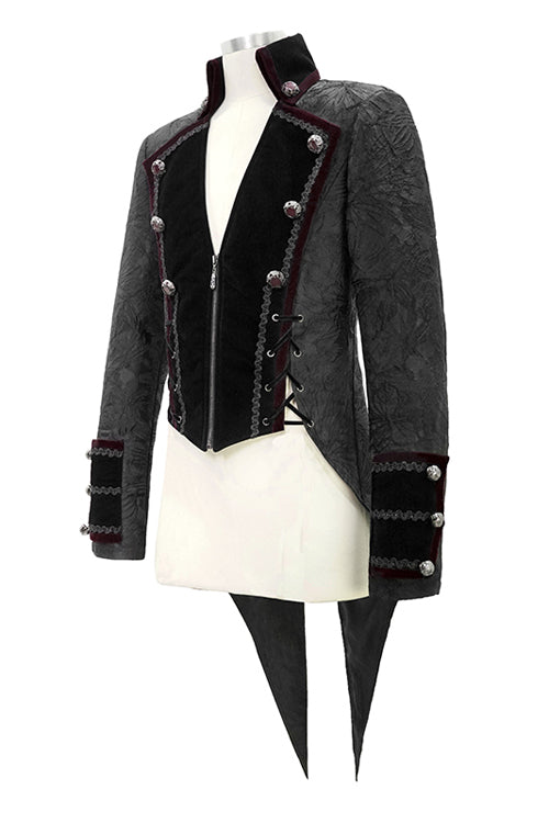 Black Jacquard Floral Pattern Velveteen Swallowtail Mens Gothic Coat