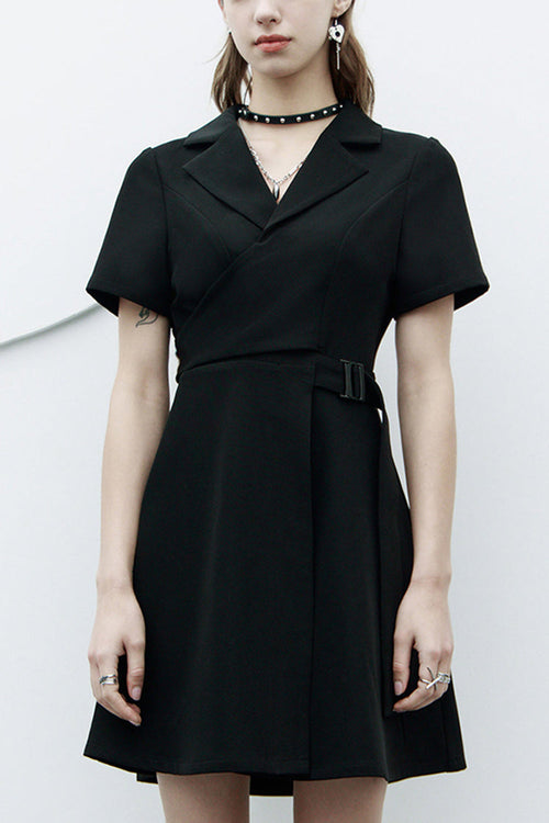 Black Lapel Metal Buckle Belt Collect Waist A-Shape Hem Women's Punk Dress
