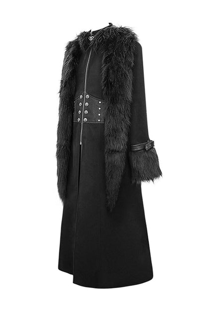 Black Double Sided Woollen Hooded Punk Mens Long Coat