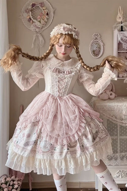 Apricot Sleeveless Rose Prologue Print Ruffle Bowknot Sweet Elegant Princess Lolita Jsk Dress