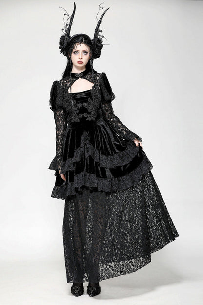 Black Long Puff Sleeves Cut-Out Lace Spliced Velvet Lace-Up Women's Gothic Princess Evening Dress