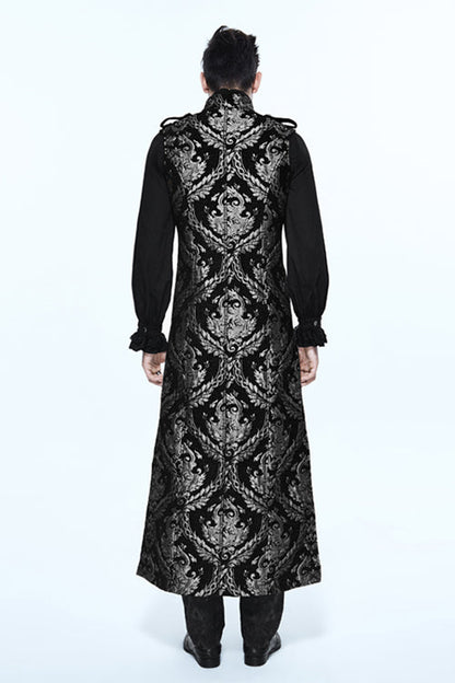 Black And Silver Court Floral Gothic Mens Long Coat