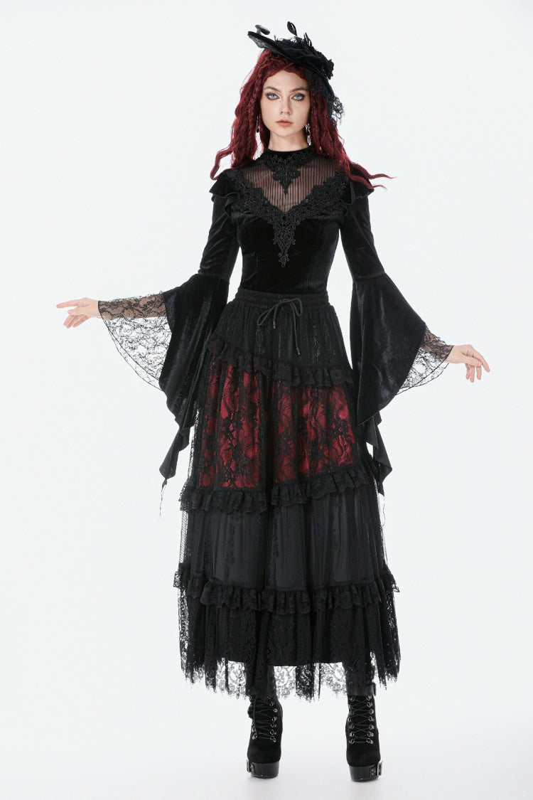 Black Multi-Layered Long Flare Sleeves Embroidered Sheer Mesh Splice Velvet Women's Gothic Top