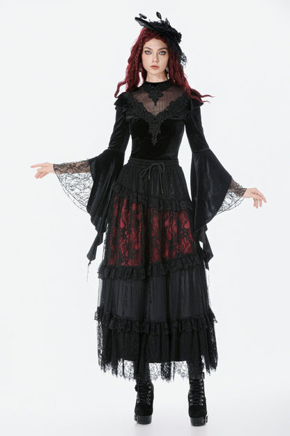 Black Multi-Layered Long Flare Sleeves Embroidered Sheer Mesh Splice Velvet Women's Gothic Top