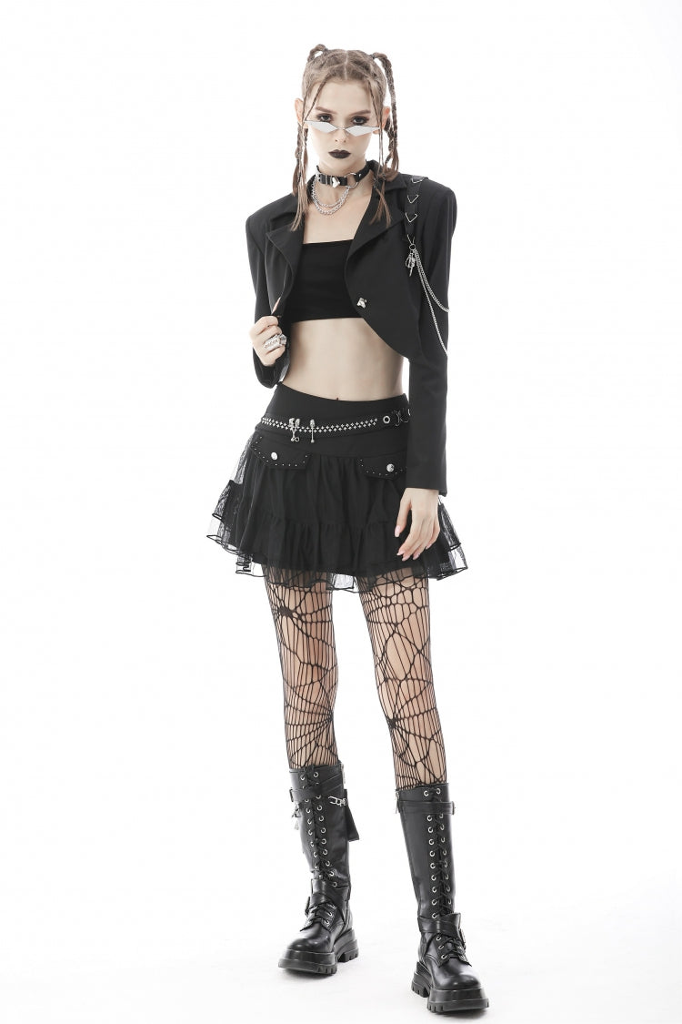 Black Lapel Collar Long Sleeves Chain-Decorated Women's Punk Irregular Short Jacket