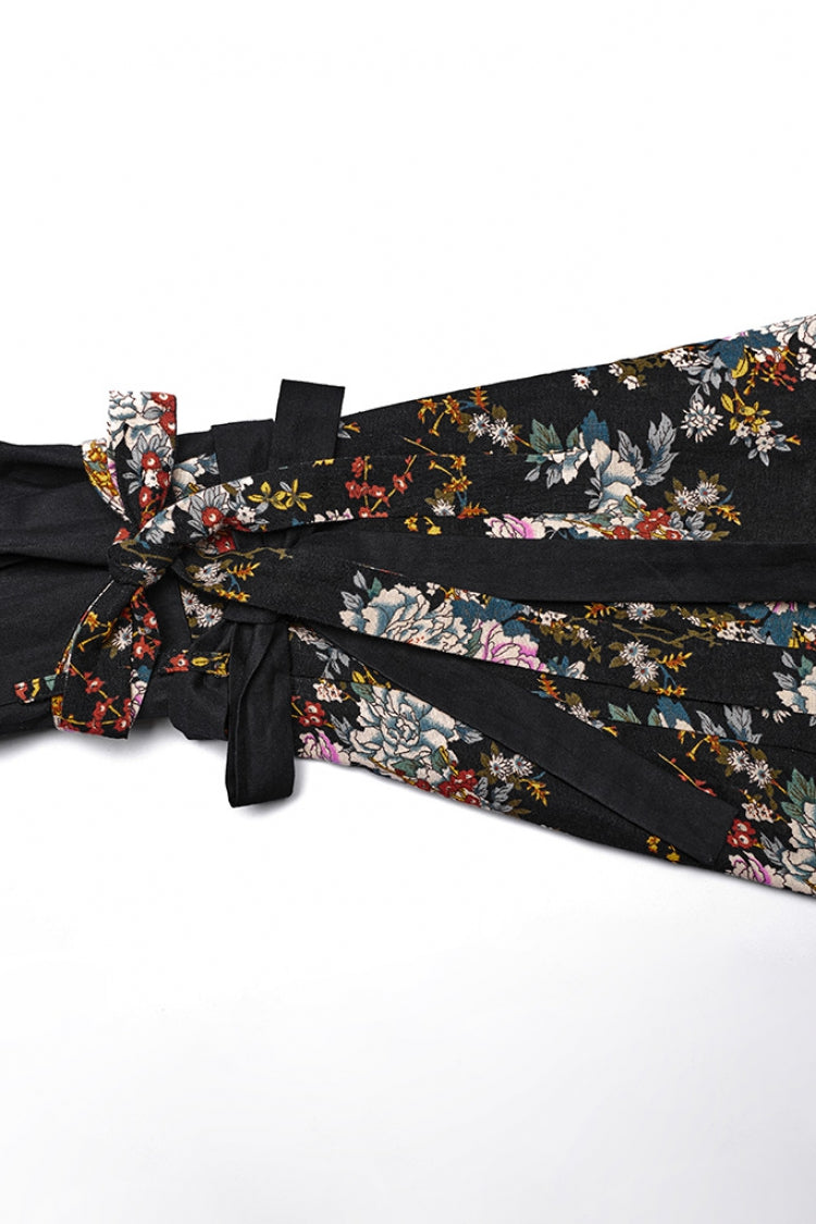Black Long Sleeves Floral Print Ruffle Women's Gothic Lolita Kimono Dress Set