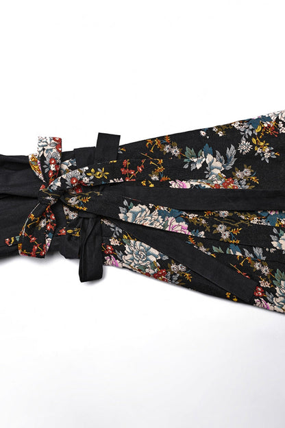 Black Long Sleeves Floral Print Ruffle Women's Gothic Lolita Kimono Dress Set