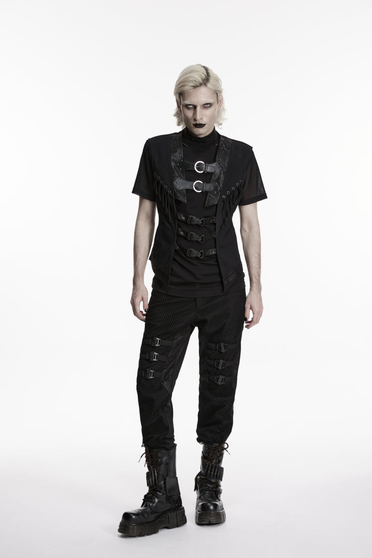 Black Cut-Out Lace-Up Slim Mesh Buckled Eyelet Men's Punk Handsome Vest
