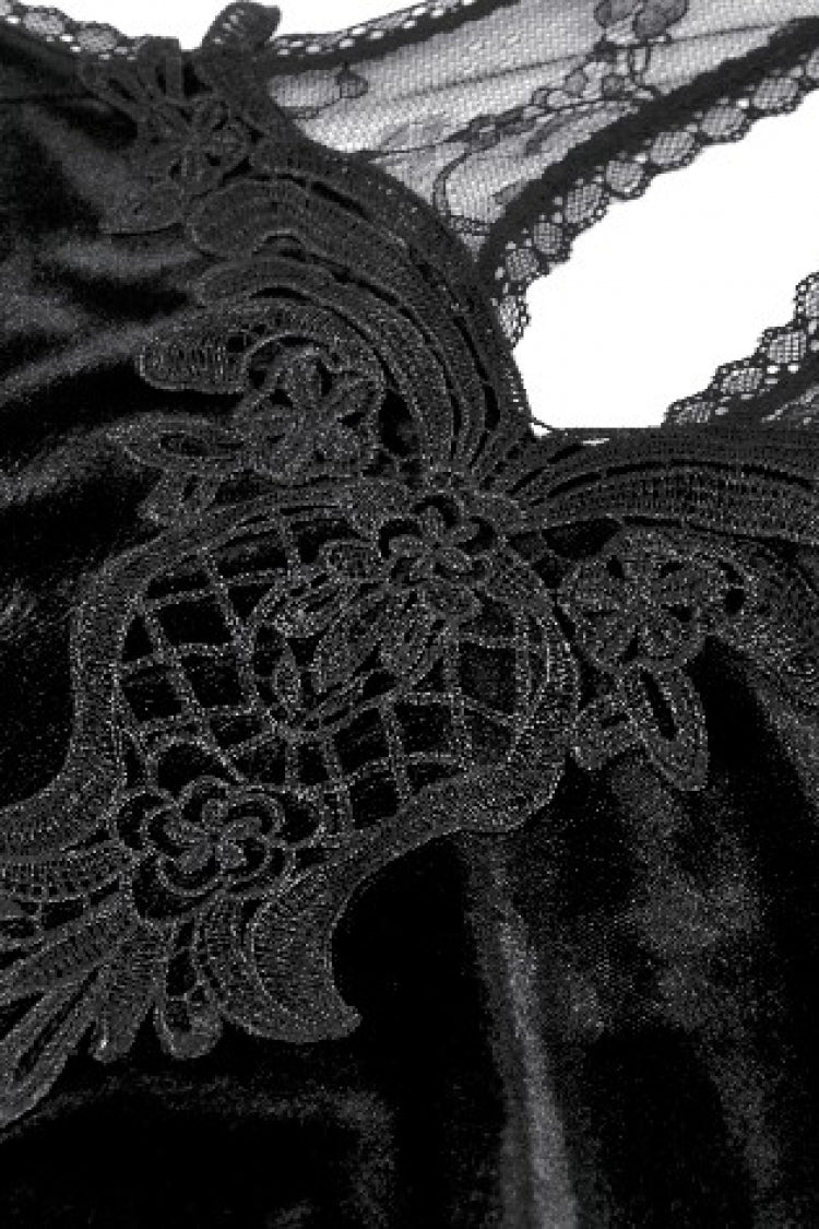 Black Off Shoulder Halterneck Long Trumpet Sleeves Cut-Out Lace Spliced Velvet Gothic Palace Top