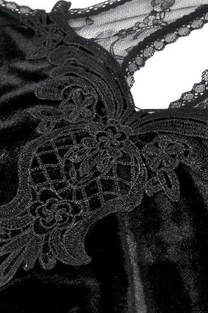 Black Off Shoulder Halterneck Long Trumpet Sleeves Cut-Out Lace Spliced Velvet Gothic Palace Top