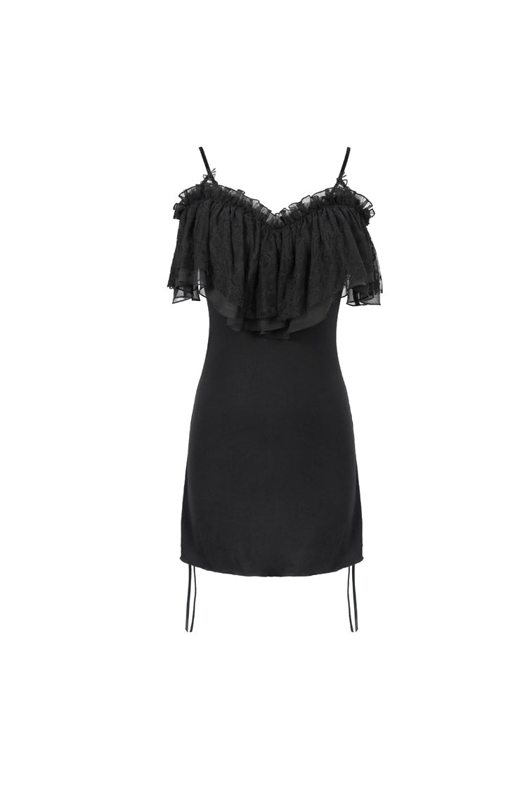 Black Lace Up Off Shoulder Chest Frilly Side Women's Punk T-Shirt