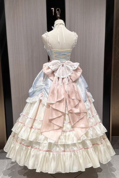 Apricot/Blue/Pink Multi-layer Ruffle Hanayome Bowknot Sweet Princess Gorgeous Long Lolita Jsk Dress