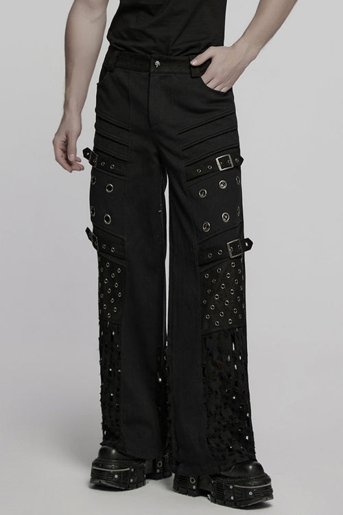 Black Eyelet Ripped Men's Punk Straight Pants