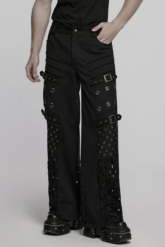 Black Eyelet Ripped Men's Punk Straight Pants