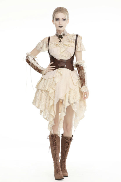 Beige Irregular Multi-Layered Ruffled Lace Women's Steampunk Vintage Dress