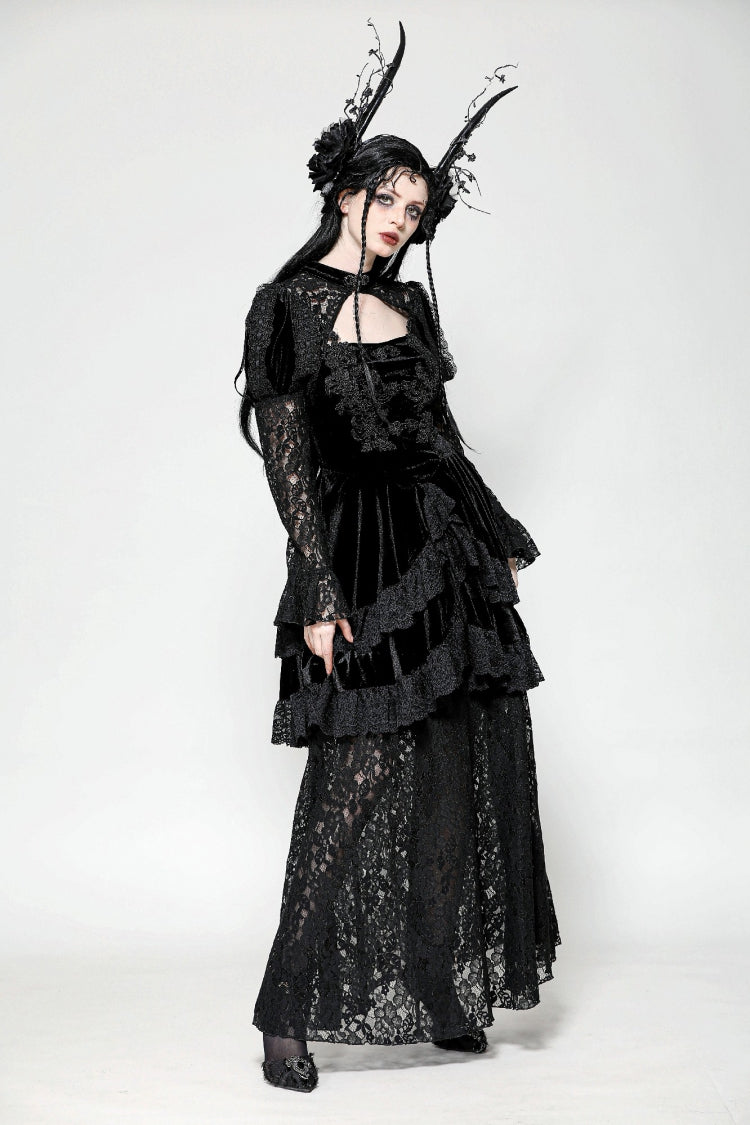 Black Long Puff Sleeves Cut-Out Lace Spliced Velvet Lace-Up Women's Gothic Princess Evening Dress