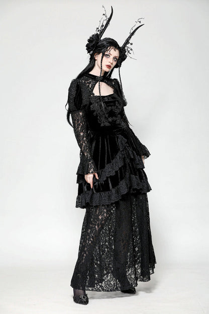 Black Long Puff Sleeves Cut-Out Lace Spliced Velvet Lace-Up Women's Gothic Princess Evening Dress