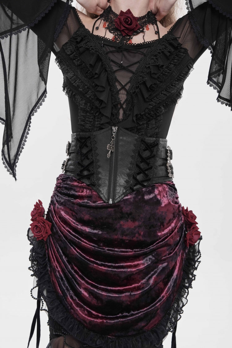 Black Crochet Lace-Up Slim Zippered Women's Gothic Accessory Zip Girdle