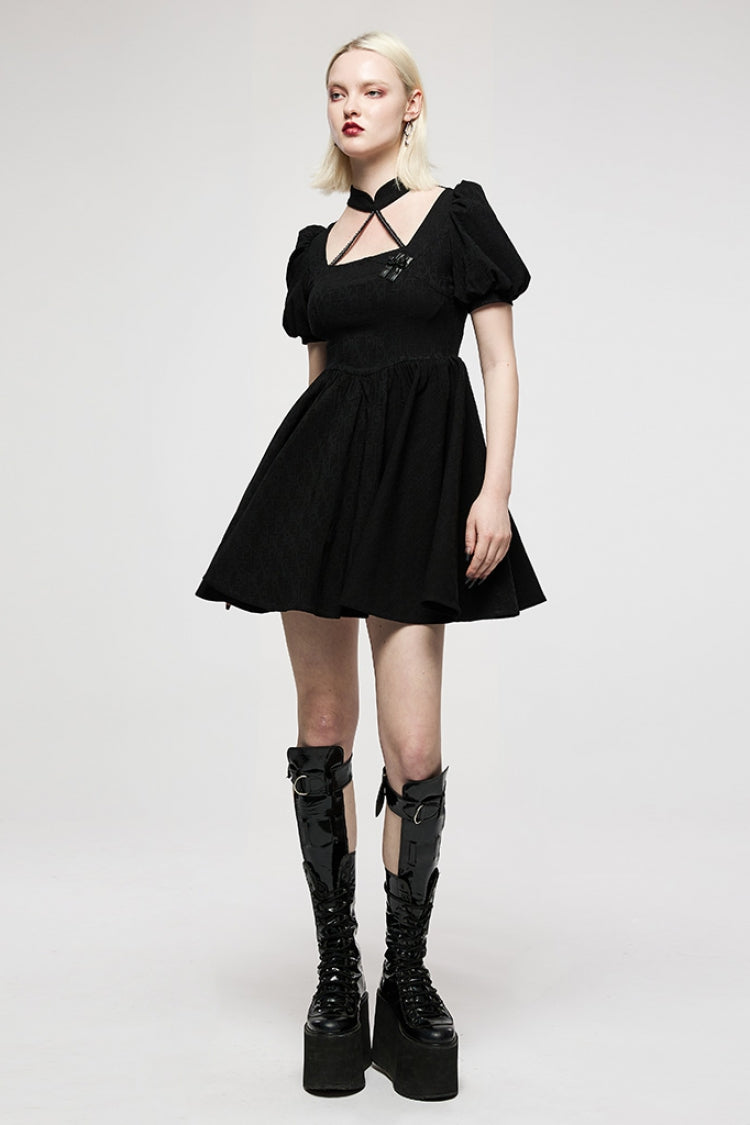Black Halterneck Puff Sleeves Jacquard Women's Punk Dress