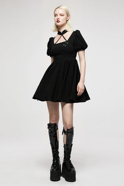 Black Halterneck Puff Sleeves Jacquard Women's Punk Dress
