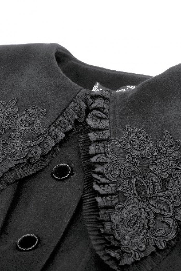 Black Floral Embroidered Peter Pan Collar Long Sleeves Bowknot Women's Gothic Coat