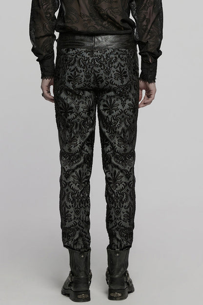 Black Print Floral Embroidery Buckle Men's Gothic Pants