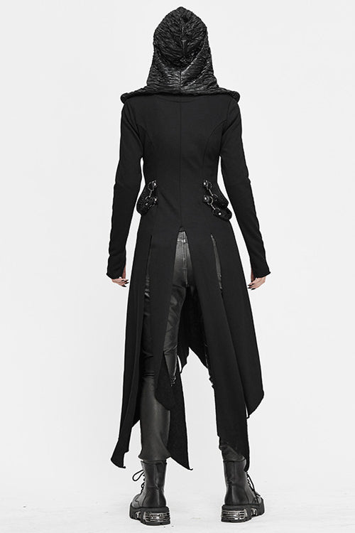 Black Hooded Slim Knitted Long Womens Punk Coat