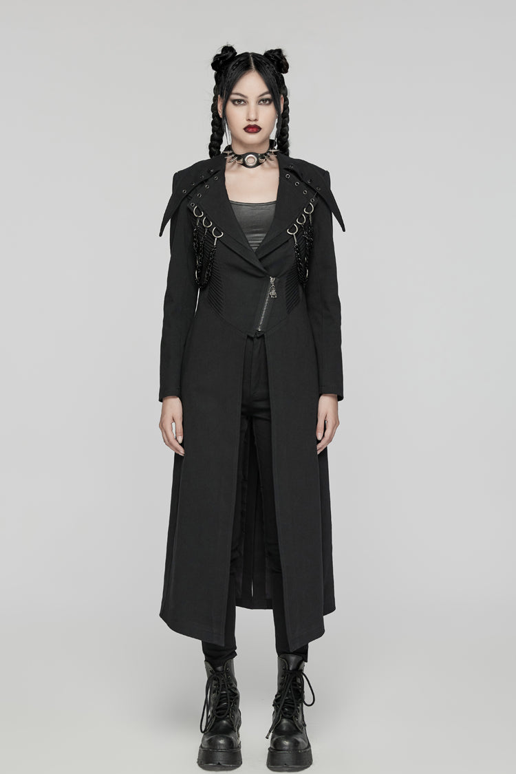 Black Lapel Collar Metal Chains Long Sleeves Women's Punk Long Coat