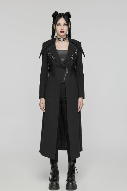 Black Lapel Collar Metal Chains Long Sleeves Women's Punk Long Coat