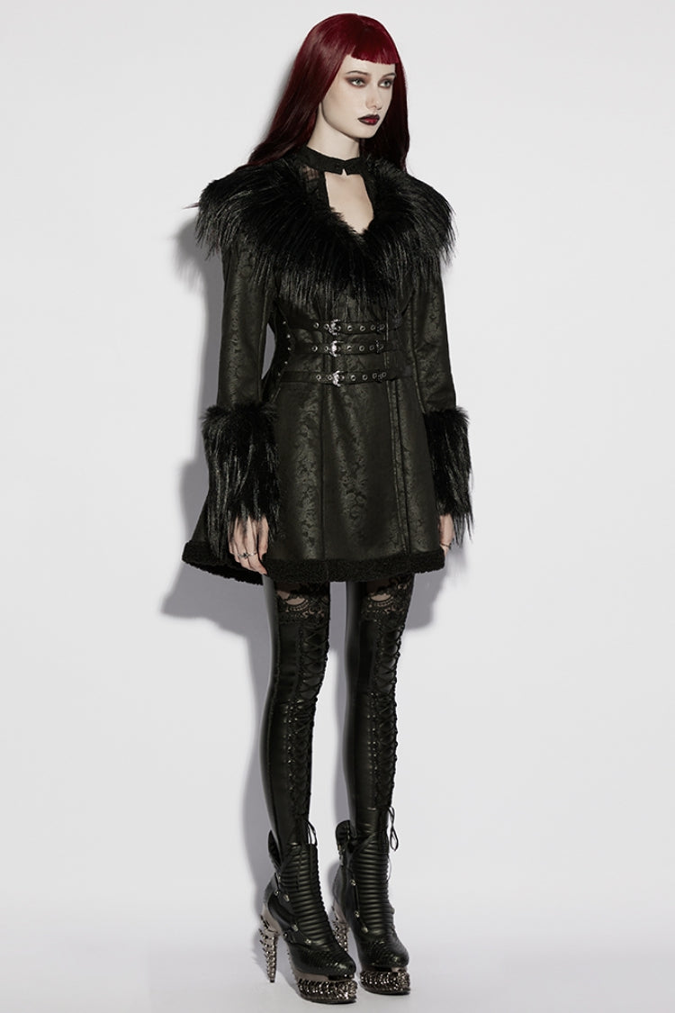 Black Plush Lapel Collar Long Sleeves Buckle Straps Women's Gothic Coat