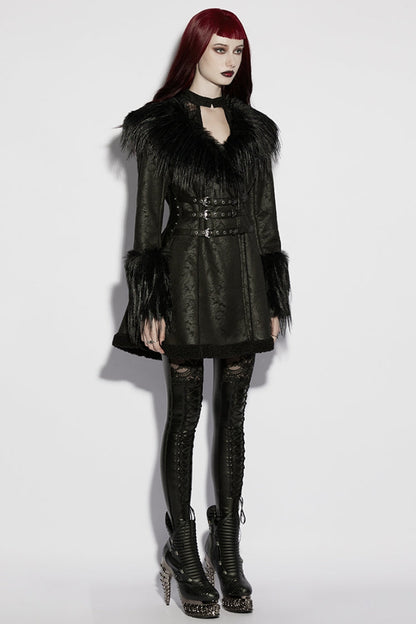 Black Plush Lapel Collar Long Sleeves Buckle Straps Women's Gothic Coat