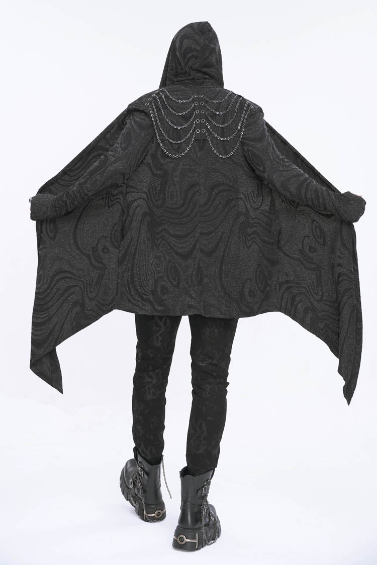 Black Lrregular Back Multi Chain Long Men's Gothic Coat With Hood